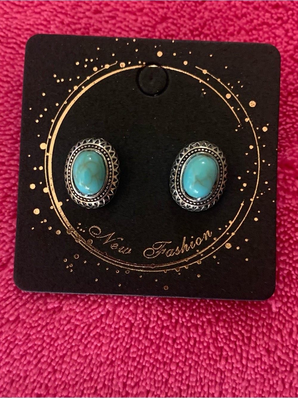 Turquoise Oval Stone Stud Earrings with Silver-Tone Filigree